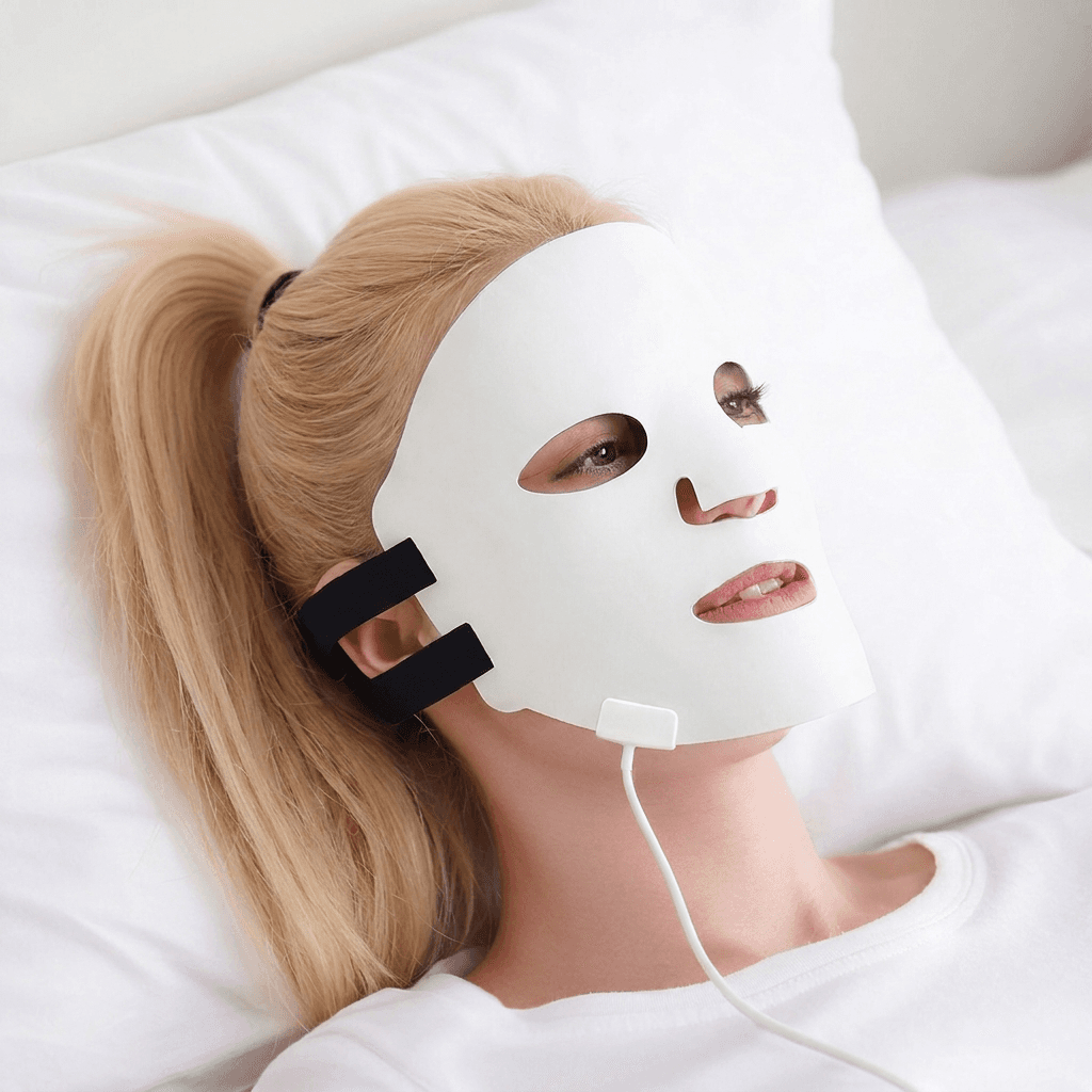 Gros plan du masque Lykara, allongée, sangle noire et câble blanc