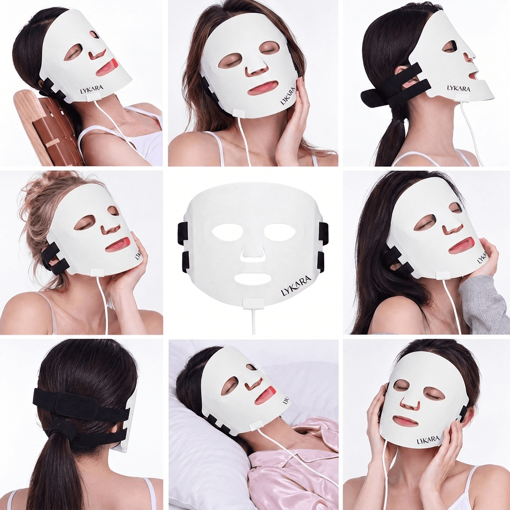 Le masque Lykara de face, de profil, allongée, et vu de dos avec sa sangle